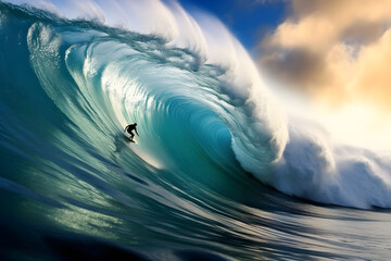 Surfer surfing large breaking ocean wave