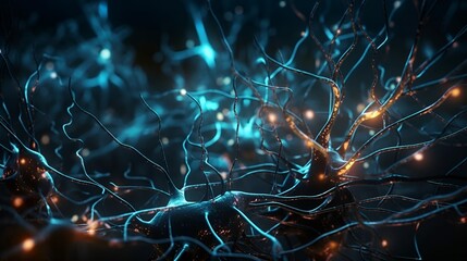 Naklejka na ściany i meble Neurons cells with glowing light neuroscience