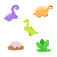 Fotobehang Cute isolated dinosaur set. Triceratops, brontosaurus, tyrannosaurus, egg, tropical leaf. Vector decoration for children cute dino illustration © Denu Studios