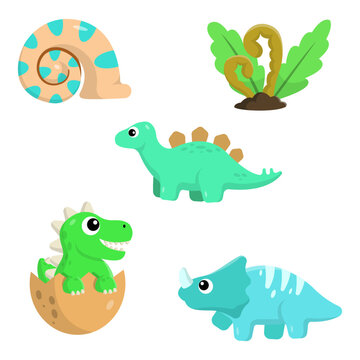 Cute isolated dinosaur set. Triceratops, brontosaurus, tyrannosaurus, egg, tropical leaf. Vector decoration for children cute dino illustration