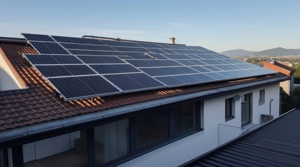 solar panesl or photovoltaic plant on the roof of a house. Generative AI