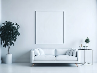 Blank horizontal poster frame mock up in minimal white style living room interior, modern living room interior background. Generative AI