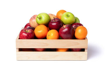 Apples and oranges fruit in wooden crate isolated on white background with clipping path.