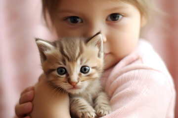 Young girl with cute tabby kitten studio shot portrait