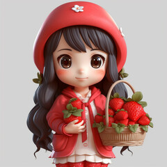 Strawberry cute baby girl in 3d style. Generative AI Digital Illustration