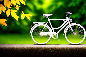 Embrace the spirit of World Bicycle Day with this captivating image of a bicycle resting gracefully on a sharp surface, surrounded by vibrant yellow leaves and a blurred backdrop of lush greenery