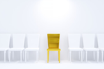 One gold chair between white chairs. A row of chairs on a white background. concept of business ideas for applicants for selection, and job interview, with copy space. 3D rendering