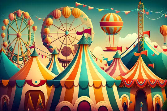 summer carnival with bright colorful tents and ferris wheel, Generative AI