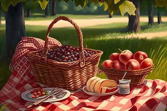 summer picnic with a red checkered blanket and a baskets of grapes and apples, Generative AI