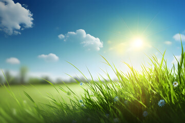 Fototapeta na wymiar sunny backdrop with green grass, blue sky and white clouds, Generative AI