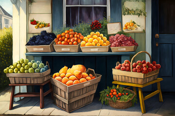 Obraz na płótnie Canvas summer fruit stand with baskets of fresh fruits and vegetables, Generative AI