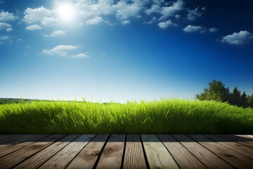 wooden pier and green grass under sunny blue sky, Generative AI