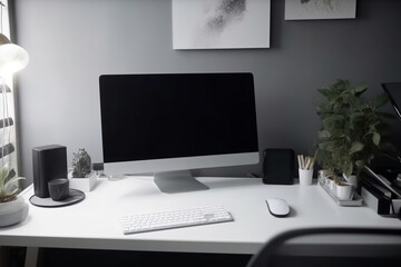 Generative AI.Work from home: cozy empty workplace for freelancer with computer, wireless keyboard and mouse on loft wooden table. office interior with plants. Modern workplace 