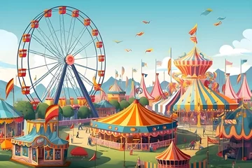 Deurstickers illustration of summer carnival with colorful tents, bright carousel and ferris wheel, Generative AI © nejrapani