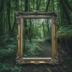 Antique portal mirror in the forest. Created with generative AI technology. - obrazy, fototapety, plakaty