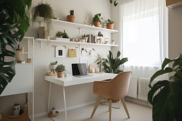 Generative AI. Work from home: cozy empty workplace for freelancer with computer, wireless keyboard and mouse on loft wooden table. Comfortable home office interior with green houseplants