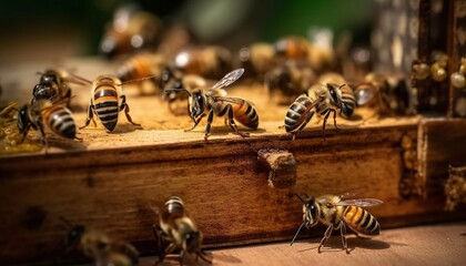 bees gathering in a wooden box, Closeup
