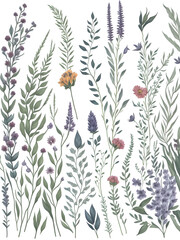 Watercolor Botanical Wild Flowers  Clipart on white background. Generative AI