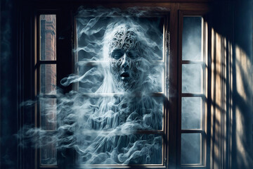 Spooky foggy ghost coming through window - Generative AI