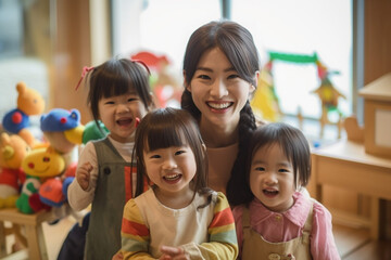 女性の保育士と子供たち：AI生成画像