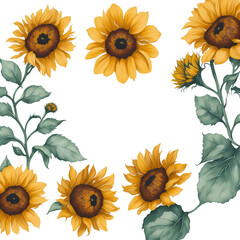  Watercolor Sunflower Clipart sunflower and leaves on white background.Generative AI