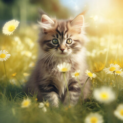 Naklejka na ściany i meble Fluffy kitten sits in the garden on the grass around the flowers chamomile, generated by AI