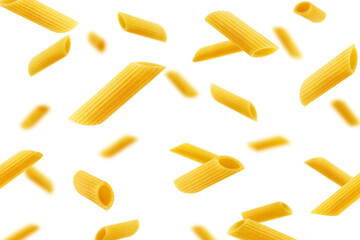 Falling raw Penne Rigate, uncooked Italian Pasta, isolated on white background, full depth of field