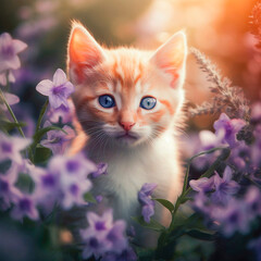 Fluffy ginger kitten sits in the garden on the grass around the violet bells flowers, generated by AI