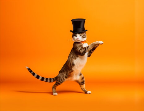 dancing cat wearing top hat isolated on plain orange studio background, made with generative ai