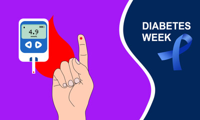 A glucometer or blood sugar checker and finger pricked to draw blood with blood icon commemorating Diabetes Week On June
