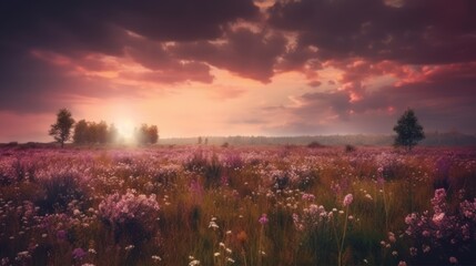 Fototapeta na wymiar Pink flower filed with beautiful pink sky. Generative AI