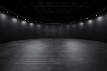 black dark photographic studio cyclorama with ceiling lights, made with generative ai