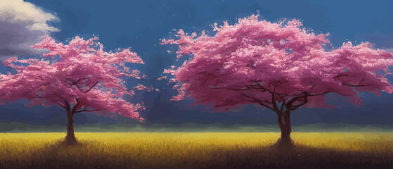 Obraz na płótnie Canvas Print Spring Village with Cherry Blossom, Green Meadow on Hill, Blue Sky and Cloud, Vector Cartoon Scenery or Summer