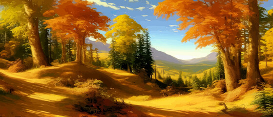 Fototapeta na wymiar Autumn forest landscape. Colorful vector illustration autumn season. Red yellow trees.