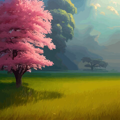 Obraz na płótnie Canvas Web Blooming pink sakura in the meadow vector illustration. Japanese cherry trees on a green meadow, Spring landscape
