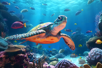 Fototapeta premium A sea turtle swimming in the ocean with colorful coral reef and tropical fish, close up, summertime, environment, ecosystem, biodiversity concept. Generative