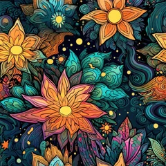 Badezimmer Foto Rückwand Celestial elements with earthly botanical elements like flowers, plants. Seamless pattern background for textiles, fabrics, covers, wallpapers, print, gift wrapping © PinkiePie
