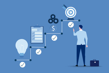 Project management, concept banner. Confident businessman finished successful project. Male employee on last stage of business plan. Target on top. Vector illustration.
