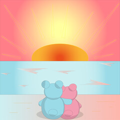 BEAR FAMILY LOOKING AT THE SUNRISE ON THE BEACH