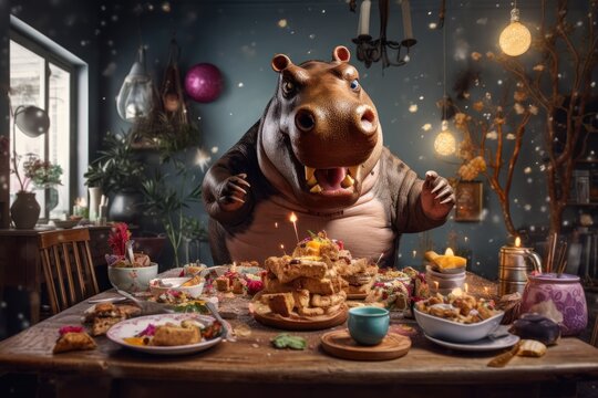 an ill-mannered hippo makes a big mess at the table, ai generated image