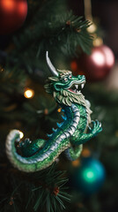 Fototapeta premium Chinese green dragon on the background of the New Year holiday. Christmas tree toy. AI generated Generative AI