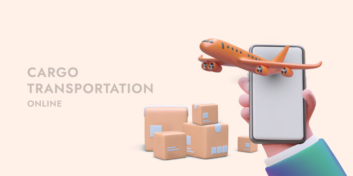 3D hand holding smartphone from which plane takes off. Air freight services. Delivery of parcels from other countries. Transportation over long distances. Horizontal poster for airline website