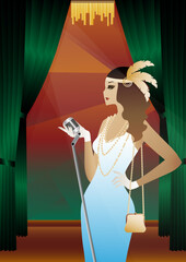 singers sing into microphones, 1920s 1930s, art deco