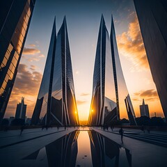 Architectural marvels against a dramatic sunset sky, showcasing sleek lines and grandeur - obrazy, fototapety, plakaty