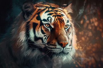 Image of a tiger head with beautiful bright colors on a dark background. Wildlife Animals. Illustration, generative AI.