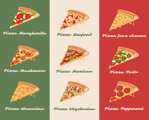 Italian pizza of different flavors. Big set of pizza slices. Vector illustration for menu and banners.