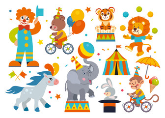 Obraz na płótnie Canvas Set of cute cartoon circus animals and clown. Cycling bear and monkey, juggling lion, elephant with ball, tiger, horse with plume, rabbit and magician's top hat, circus tent. Vector illustration.