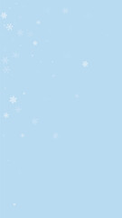 Snowy christmas background. Subtle flying snow flakes and stars on light blue winter backdrop. Delicate sweet snowy christmas. Vertical vector illustration.