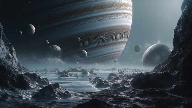 AI Illustration d'un paysage extraterrestre sur une planète inconnue avec lune semblable à Jupiter