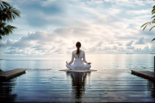 南国の海辺のデッキで瞑想をする女性、生成AI